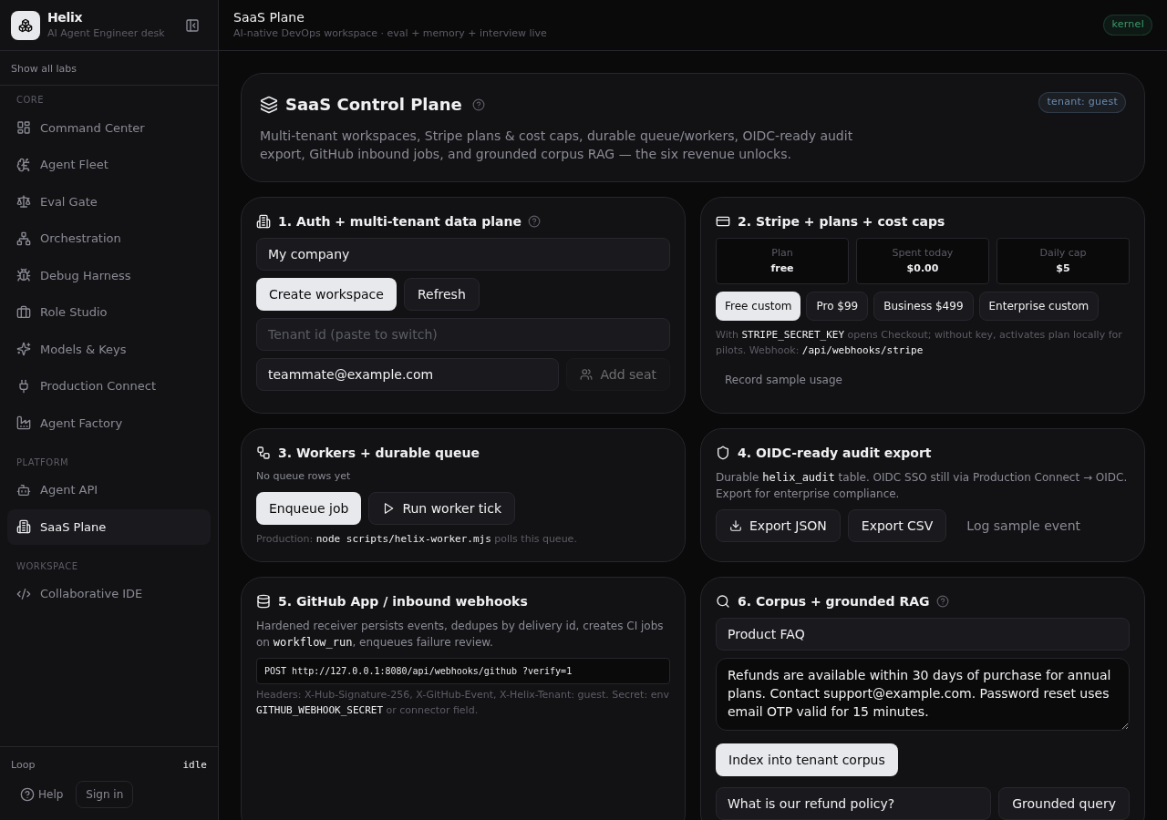 SaaS Plane & portal — plans, caps, tenancy